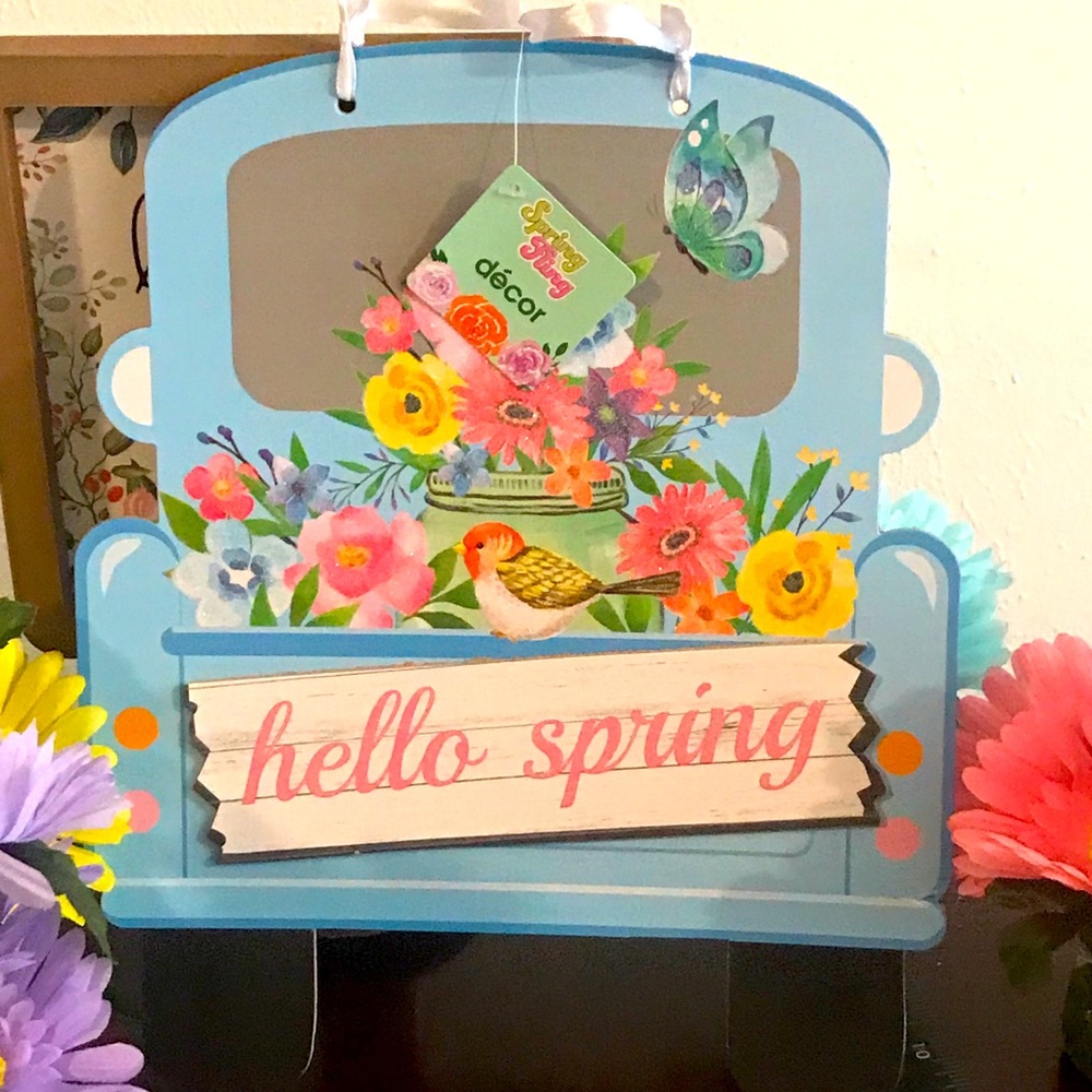 Hello Spring Blue Pick Truck MDF Hanging Wall Sign